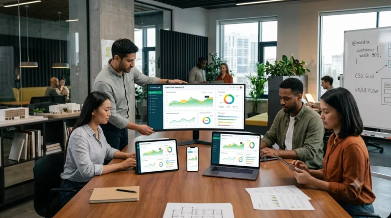Desenvolvimento web responsivo para plataformas corporativas em ambiente empresarial moderno com múltiplos dispositivos conectados