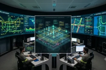 Centro de controle operacional monitorando sistemas digitais que controlam infraestruturas tecnológicas urbanas e industriais em tempo real.