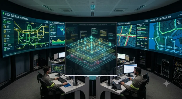 Centro de controle operacional monitorando sistemas digitais que controlam infraestruturas tecnológicas urbanas e industriais em tempo real.