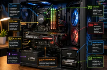 Arquitetura de computadores modernos com componentes internos destacados em um PC de alto desempenho.