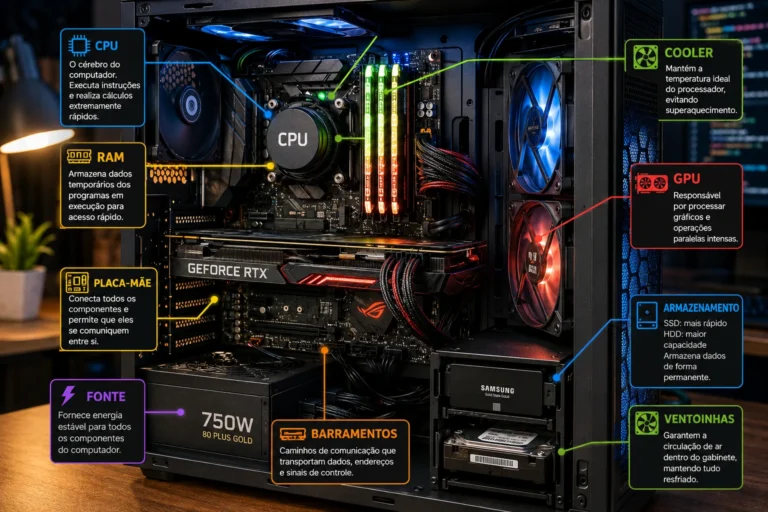 Arquitetura de computadores modernos com componentes internos destacados em um PC de alto desempenho.