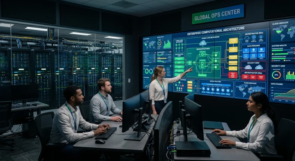 Fotografia realista de um ambiente de infraestrutura tecnológica empresarial de alta performance, exibindo telas de monitoramento e servidores corporativos com iluminação limpa nas cores verde, azul, amarelo e vermelho.