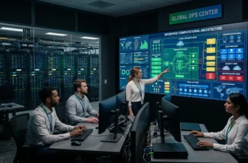 Fotografia realista de um ambiente de infraestrutura tecnológica empresarial de alta performance, exibindo telas de monitoramento e servidores corporativos com iluminação limpa nas cores verde, azul, amarelo e vermelho.