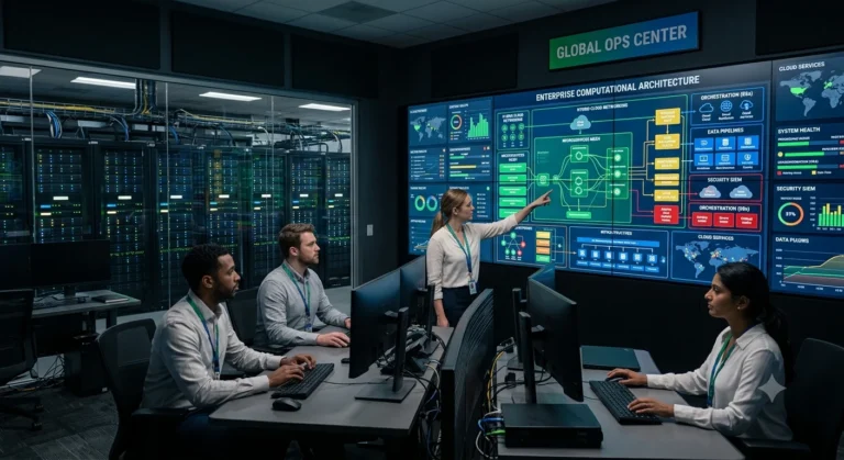 Fotografia realista de um ambiente de infraestrutura tecnológica empresarial de alta performance, exibindo telas de monitoramento e servidores corporativos com iluminação limpa nas cores verde, azul, amarelo e vermelho.