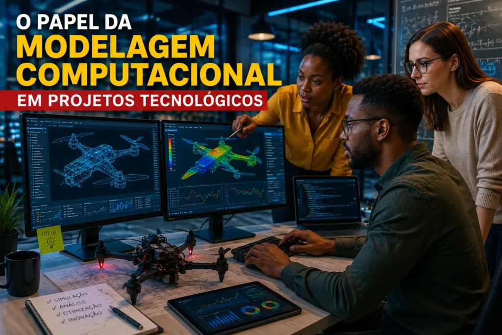 Equipe de engenharia utilizando modelagem computacional em projetos tecnológicos com simulações digitais e análise de dados