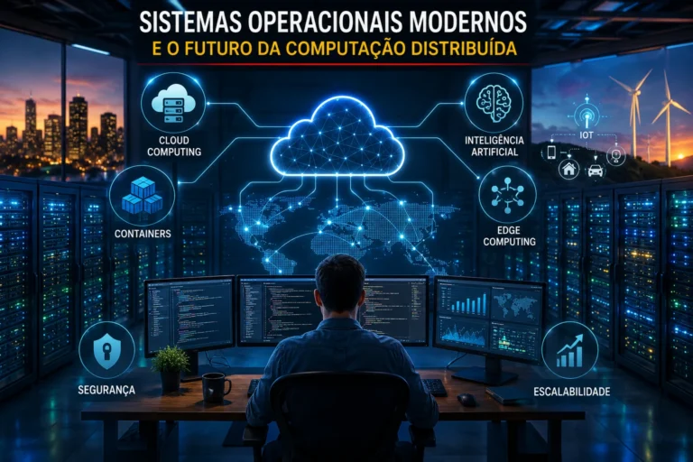 Sistemas Operacionais Modernos gerenciando infraestrutura de computação distribuída em ambiente de nuvem, inteligência artificial e datacenter avançado