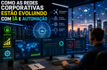 Redes corporativas inteligentes com IA e automação monitorando infraestrutura empresarial em tempo real