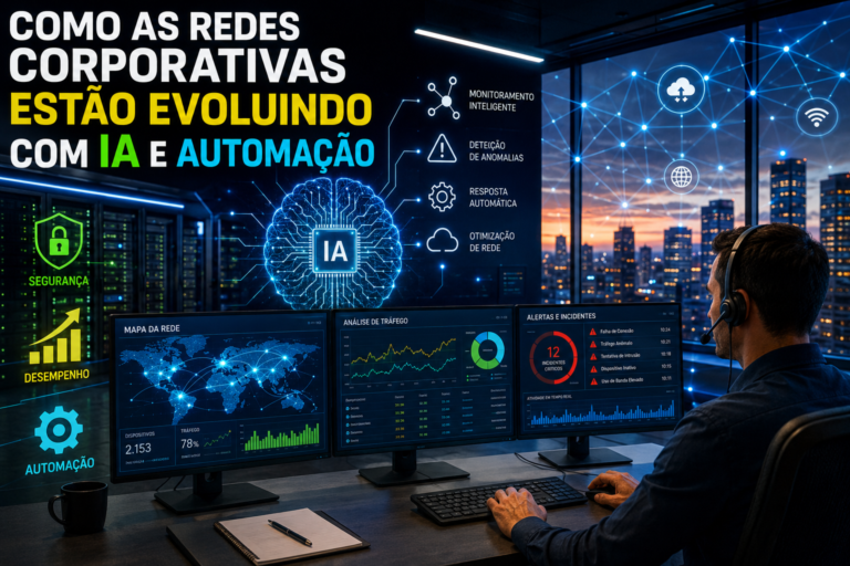 Redes corporativas inteligentes com IA e automação monitorando infraestrutura empresarial em tempo real