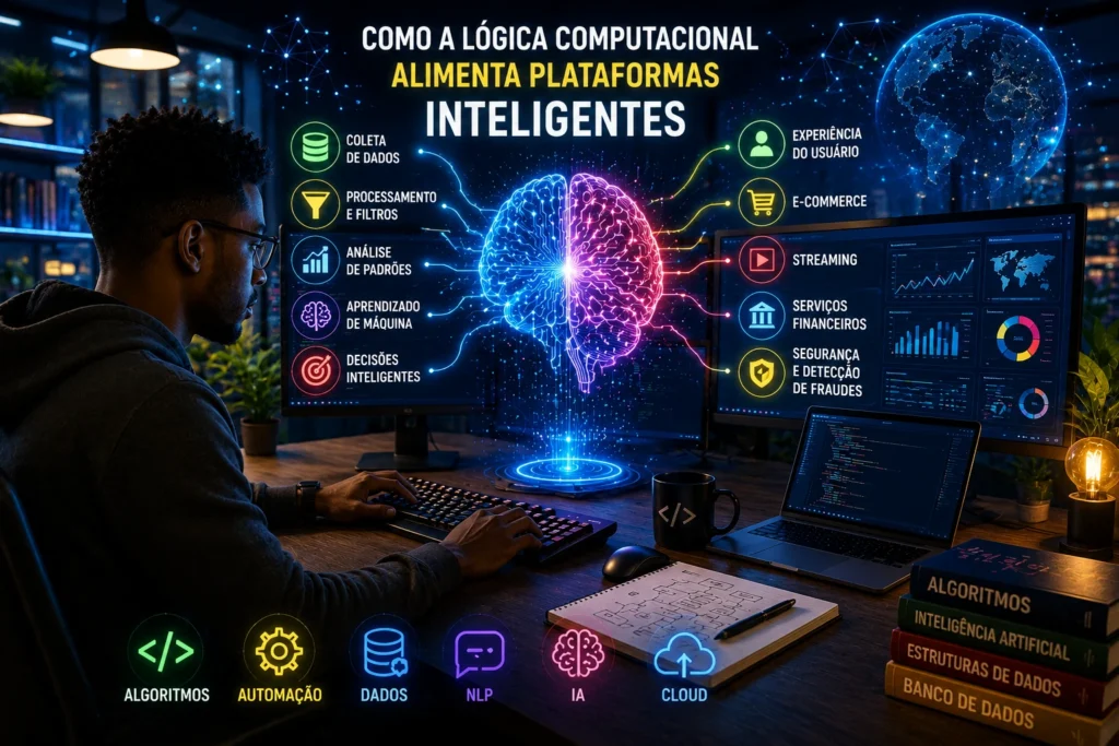 Homem negro analisando dados em plataforma inteligente com visualização avançada de lógica computacional e inteligência artificial