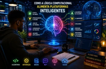 Homem negro analisando dados em plataforma inteligente com visualização avançada de lógica computacional e inteligência artificial