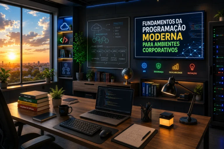 Fundamentos da Programação Moderna para Ambientes Corporativos em escritório tecnológico com infraestrutura digital avançada