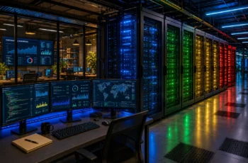 Estruturas computacionais de alto desempenho em moderno data center com servidores avançados e monitoramento em tempo real.