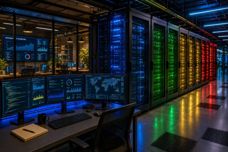 Estruturas computacionais de alto desempenho em moderno data center com servidores avançados e monitoramento em tempo real.