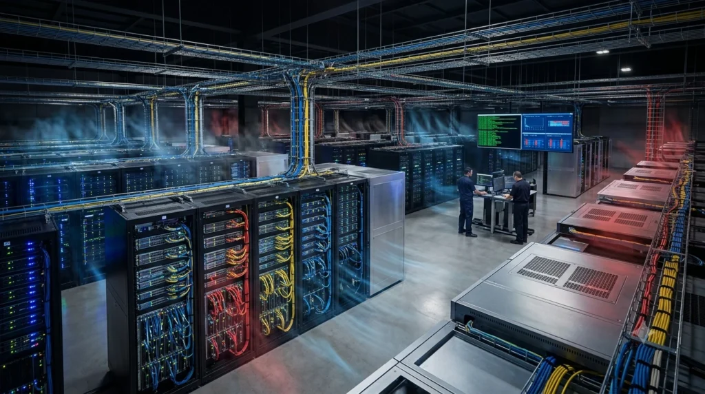 Fotografia realista do interior de um moderno data center de computação em nuvem com racks de servidores piscando luzes azuis, verdes, amarelas e vermelhas, fiação organizada no teto e dois técnicos trabalhando em um terminal de controle central.