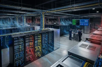 Fotografia realista do interior de um moderno data center de computação em nuvem com racks de servidores piscando luzes azuis, verdes, amarelas e vermelhas, fiação organizada no teto e dois técnicos trabalhando em um terminal de controle central.