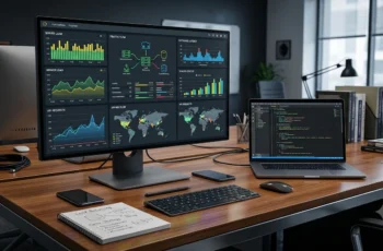 Estação de trabalho dev com monitor widescreen exibindo gráficos de tráfego de servidores e notebook com código para Desenvolvimento Web Full Stack para Ambientes Escaláveis.