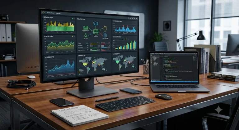 Estação de trabalho dev com monitor widescreen exibindo gráficos de tráfego de servidores e notebook com código para Desenvolvimento Web Full Stack para Ambientes Escaláveis.