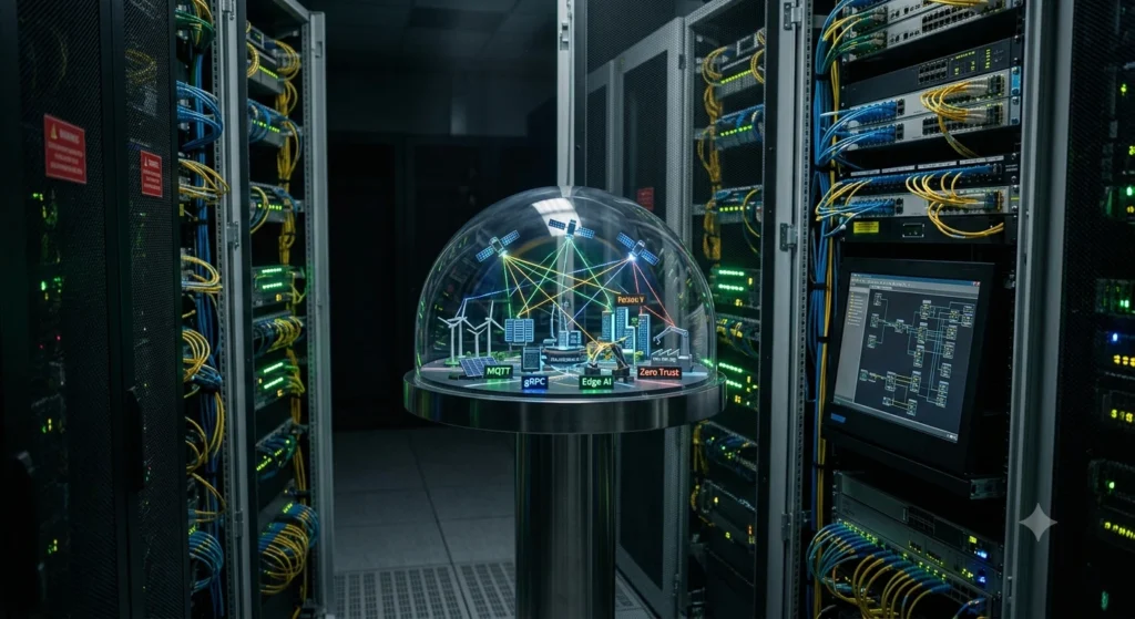 Foto realista de um mini domo transparente contendo uma maquete de ecossistema global conectado com satélites, cidades inteligentes e ícones de tecnologia (MQTT, Edge AI, Zero Trust), posicionado no centro de racks de servidores de um data center com luzes LED coloridas.
