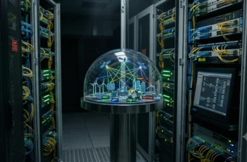 Foto realista de um mini domo transparente contendo uma maquete de ecossistema global conectado com satélites, cidades inteligentes e ícones de tecnologia (MQTT, Edge AI, Zero Trust), posicionado no centro de racks de servidores de um data center com luzes LED coloridas.