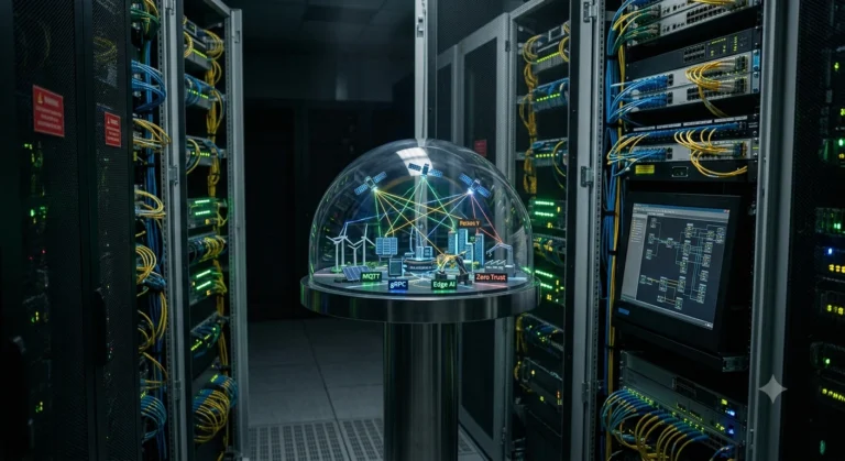 Foto realista de um mini domo transparente contendo uma maquete de ecossistema global conectado com satélites, cidades inteligentes e ícones de tecnologia (MQTT, Edge AI, Zero Trust), posicionado no centro de racks de servidores de um data center com luzes LED coloridas.