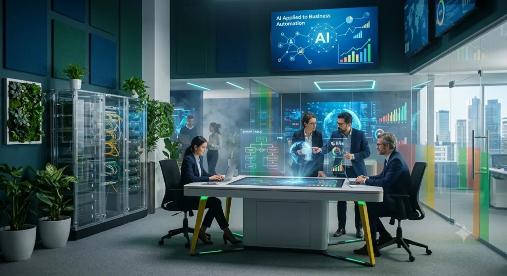 Executivos analisam fluxos de automação empresarial com inteligência artificial em servidores de dados corporativos.