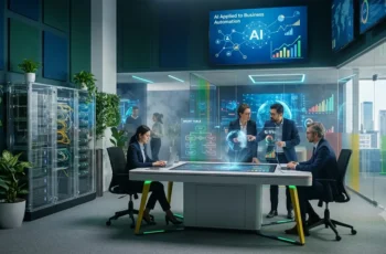 Executivos analisam fluxos de automação empresarial com inteligência artificial em servidores de dados corporativos.