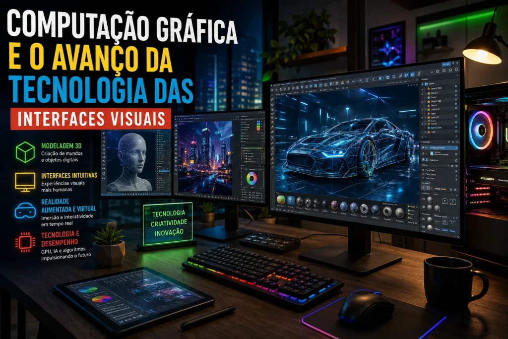 Computação gráfica e interfaces visuais modernas com modelagem 3D em estação de trabalho de alta tecnologia.