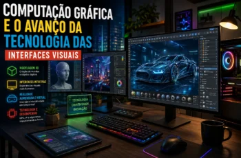 Computação gráfica e interfaces visuais modernas com modelagem 3D em estação de trabalho de alta tecnologia.