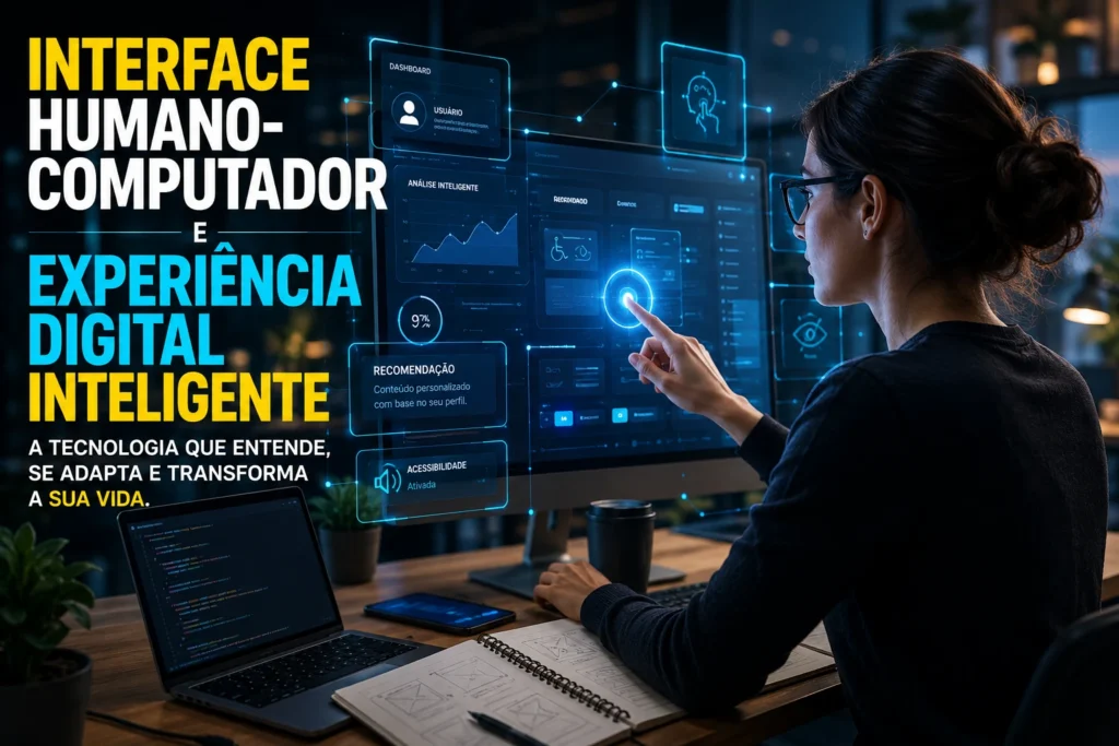 Interface Humano-Computador e Experiência Digital Inteligente com usuário interagindo com sistema digital baseado em inteligência artificial.