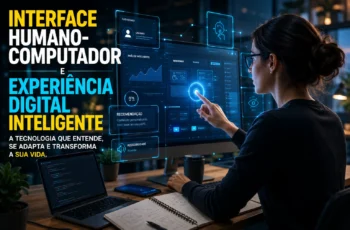 Interface Humano-Computador e Experiência Digital Inteligente com usuário interagindo com sistema digital baseado em inteligência artificial.