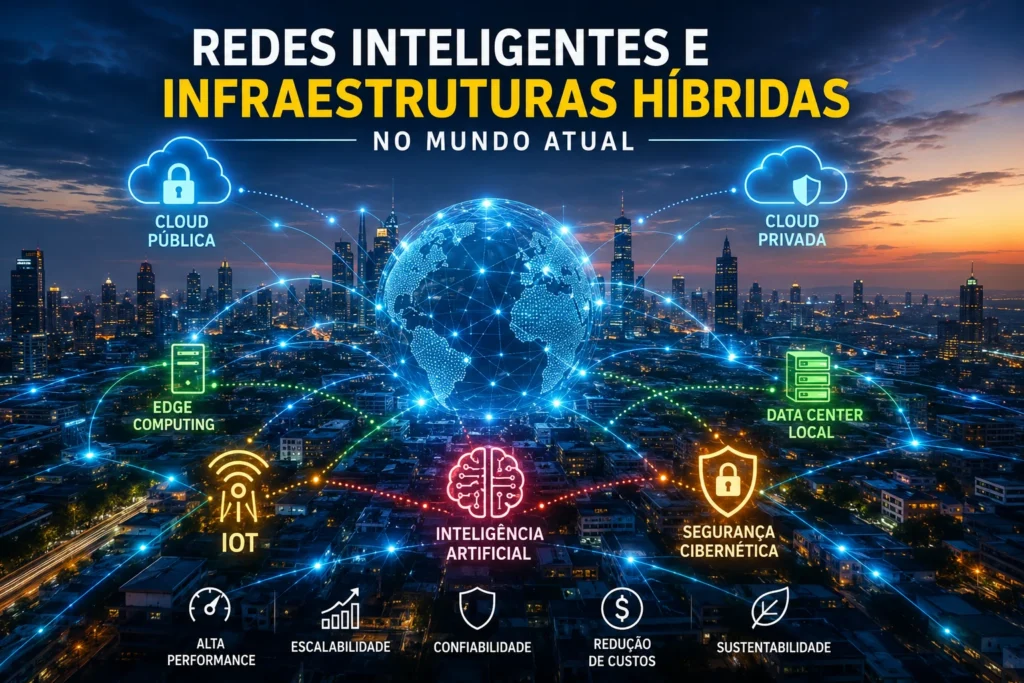 Redes Inteligentes e Infraestruturas Híbridas com computação em nuvem, Edge Computing, Inteligência Artificial e conectividade avançada em ambiente corporativo moderno.