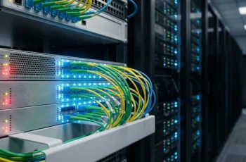 close-up de fibra óptica e servidores em data center de alta velocidade para redes avançadas