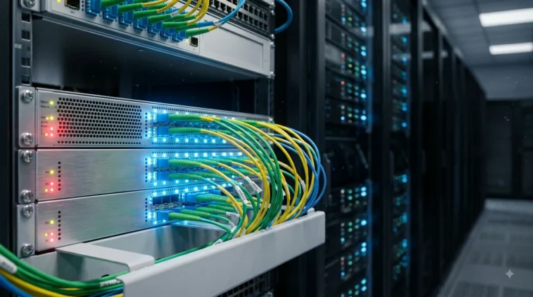 close-up de fibra óptica e servidores em data center de alta velocidade para redes avançadas