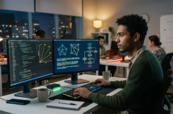 Engenheiro de software analisando gráficos de complexidade assintótica e algoritmos avançados para eficiência computacional em dois monitores.