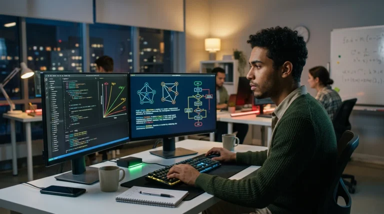Engenheiro de software analisando gráficos de complexidade assintótica e algoritmos avançados para eficiência computacional em dois monitores.