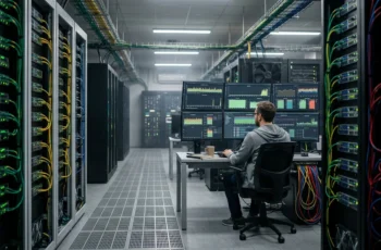 Uma fotografia realista de um engenheiro de software sentado em um moderno data center, monitorando dashboards de processamento paralelo e concorrência em múltiplos monitores, com corredores de servidores e cabos coloridos ao fundo.