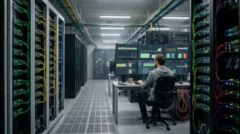 Uma fotografia realista de um engenheiro de software sentado em um moderno data center, monitorando dashboards de processamento paralelo e concorrência em múltiplos monitores, com corredores de servidores e cabos coloridos ao fundo.