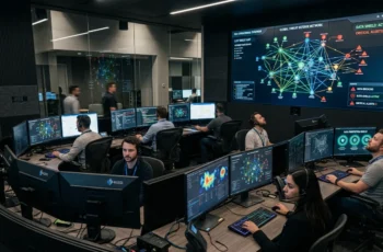 Centro de operações de segurança defensiva com monitoramento e proteção contra ataques digitais em tempo real.