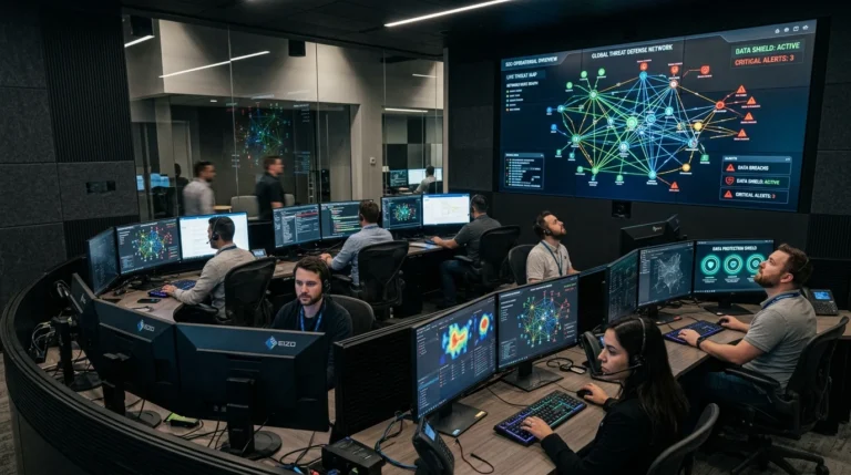 Centro de operações de segurança defensiva com monitoramento e proteção contra ataques digitais em tempo real.