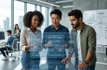 Três desenvolvedores de software colaboram em escritório moderno ao redor de display interativo transparente mostrando diagrama de arquitetura para programação mobile de alto desempenho, com camadas de dados, interface e serviços externos.