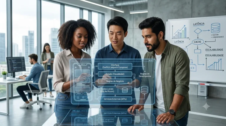 Três desenvolvedores de software colaboram em escritório moderno ao redor de display interativo transparente mostrando diagrama de arquitetura para programação mobile de alto desempenho, com camadas de dados, interface e serviços externos.