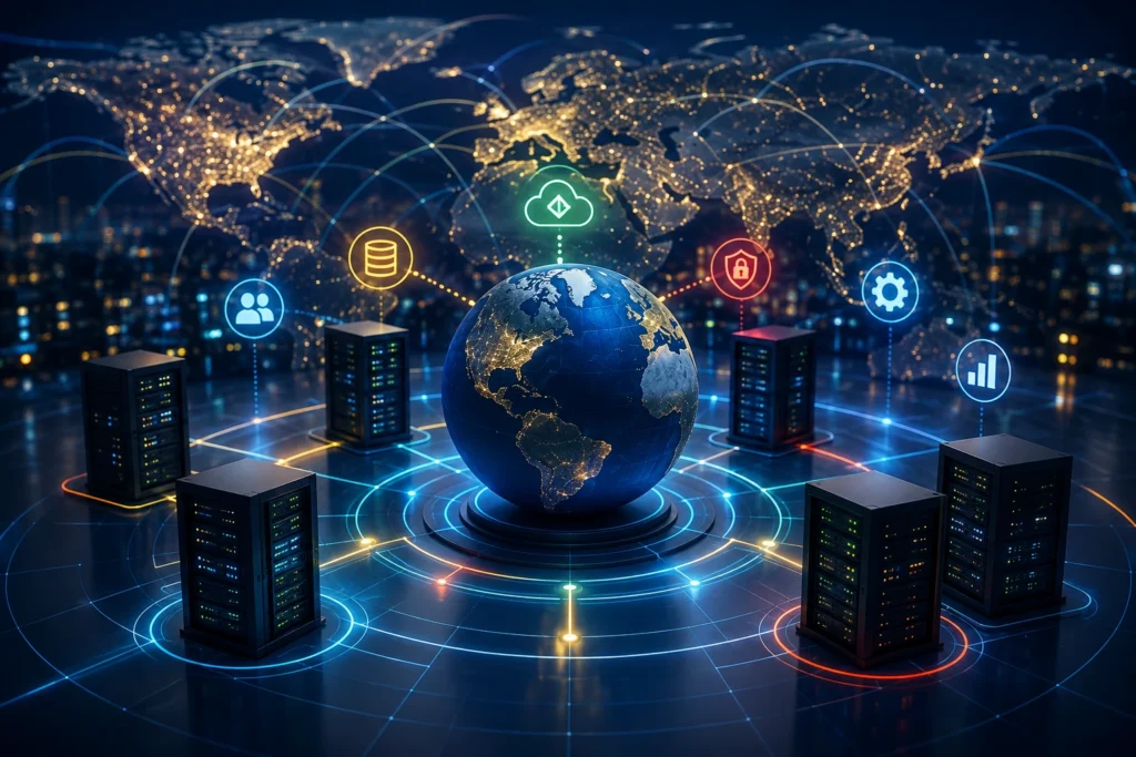 Sistemas distribuídos sustentam plataformas globais com servidores, nuvem e conexões de dados em escala mundial.