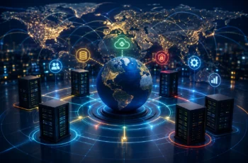 Sistemas distribuídos sustentam plataformas globais com servidores, nuvem e conexões de dados em escala mundial.