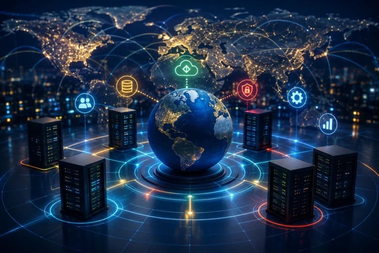 Sistemas distribuídos sustentam plataformas globais com servidores, nuvem e conexões de dados em escala mundial.