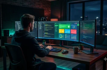 Fotografia realista de um desenvolvedor front-end moderno trabalhando em um ambiente de escritório semi-escuro com múltiplas telas exibindo código vibrante e uma interface web imersiva.