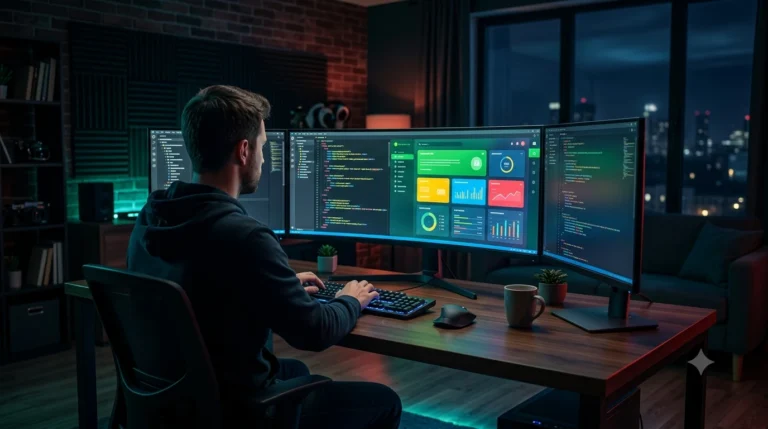 Fotografia realista de um desenvolvedor front-end moderno trabalhando em um ambiente de escritório semi-escuro com múltiplas telas exibindo código vibrante e uma interface web imersiva.