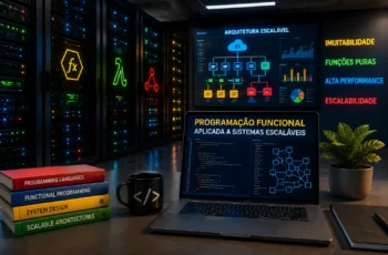 Ambiente de desenvolvimento com notebook exbindo código e dashboard de Arquitetura Escalável e Programação Funcional em data center modernizado