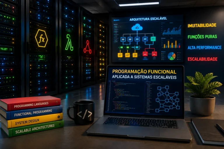 Ambiente de desenvolvimento com notebook exbindo código e dashboard de Arquitetura Escalável e Programação Funcional em data center modernizado