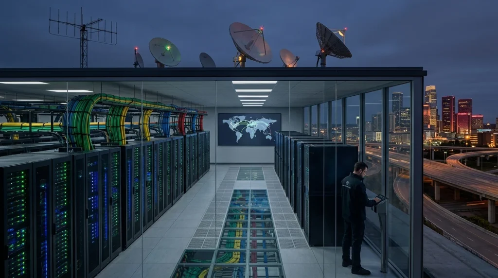 Engenheiro de infraestrutura monitorando datacenter moderno com redes de computação global e sistemas distribuídos.