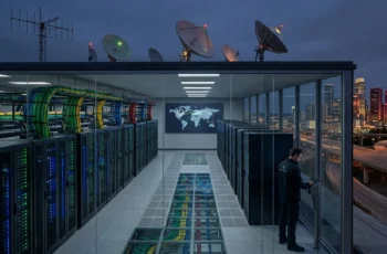 Engenheiro de infraestrutura monitorando datacenter moderno com redes de computação global e sistemas distribuídos.
